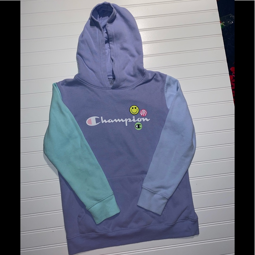 Champion Girls Sweatshirt Size XL Emoji Pastel Purple Green with Hoodie Hood